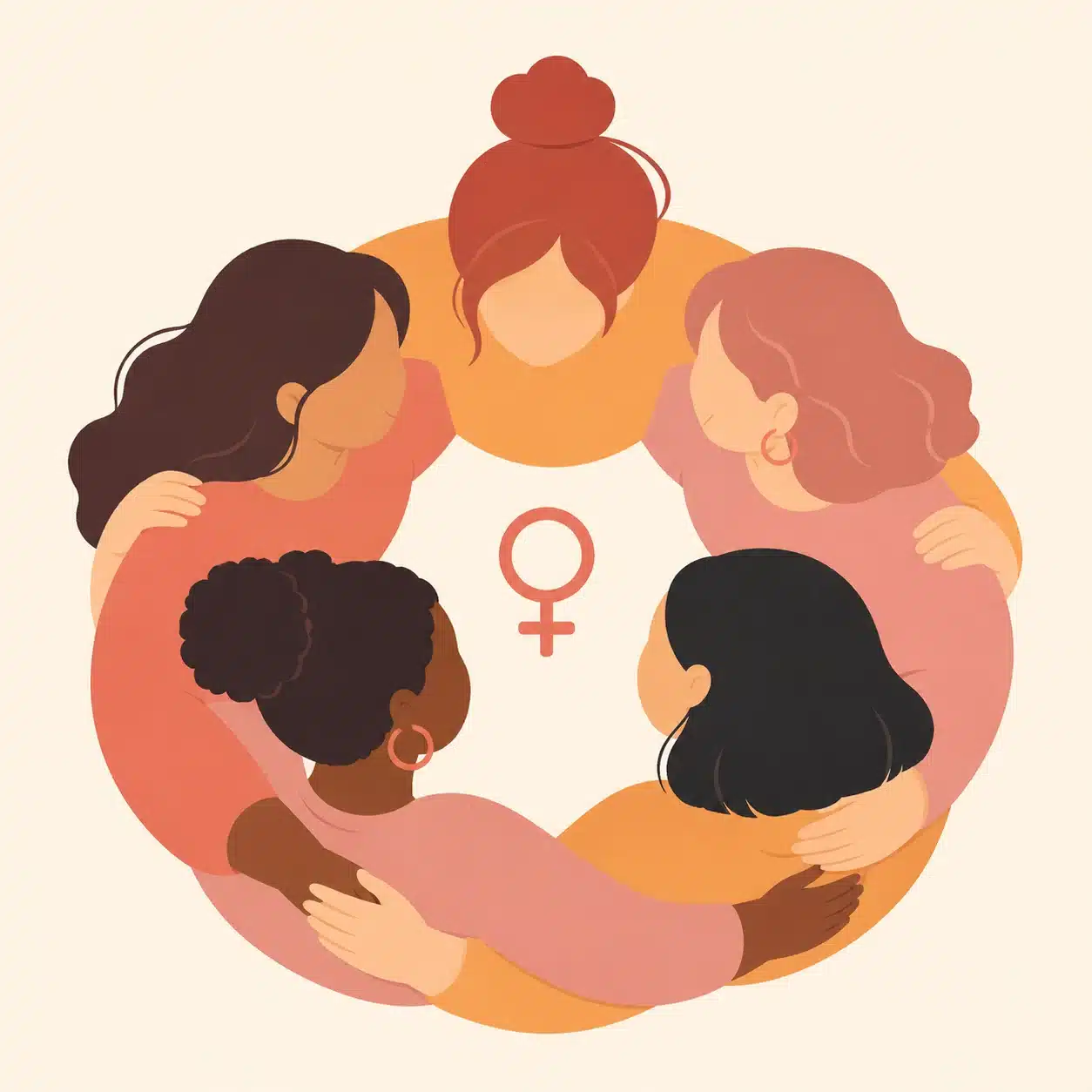 Cinco mujeres abrazadas formando un círculo alrededor del símbolo Venus, ilustración de las Endozonas, comunidad de simpatizantes de la AEE