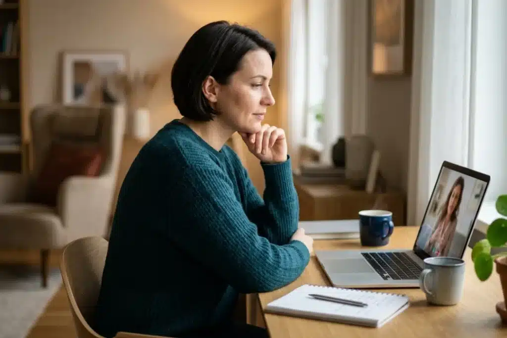 Mujer con endometriosis en una sesión de apoyo psicológico online desde casa