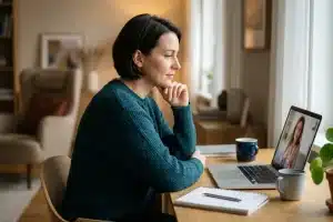 Mujer con endometriosis en una sesión de apoyo psicológico online desde casa